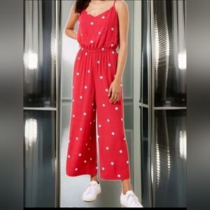 Pre-loved Loft red/white Polka Dot Wide Leg Crop Jumpsuit With Pockets Sz S